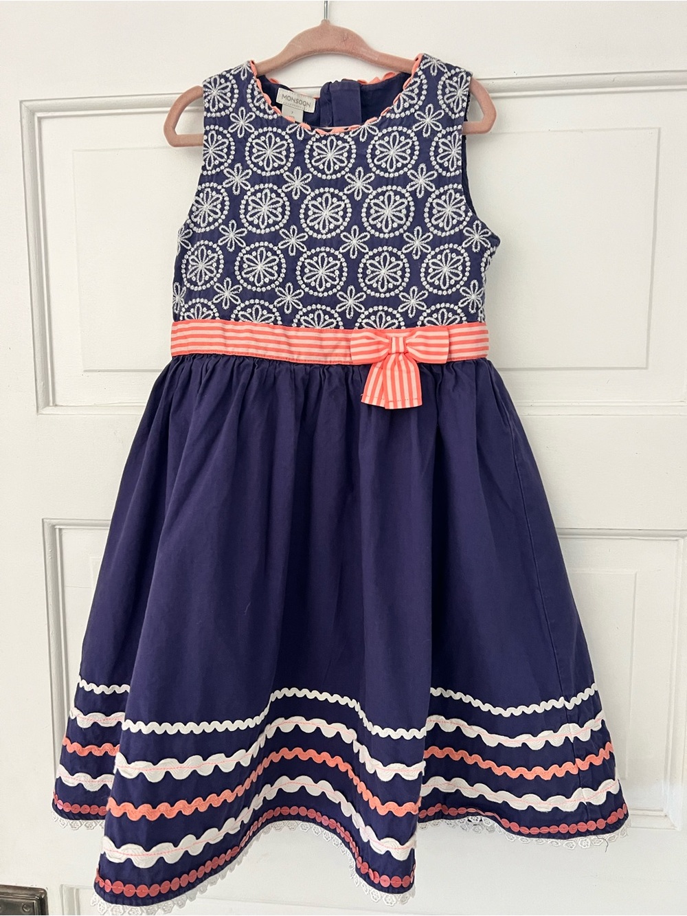 💙🧡🤍 Monsoon Girls 7 Navy Embroidered Party Dress Bow Ric Rac Lace